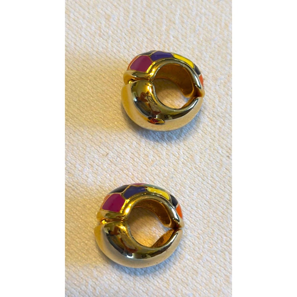 Erwin Pearl Vintage 80s Mosaic Enamel Huggie Hoop Earrings Gold Tone Multi Color - Picture 9 of 10